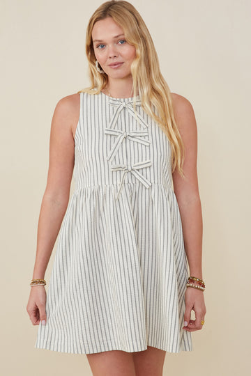 HY9174 Oatmeal Womens Bow Tie Detailed Striped Seer Sucker Dress Front